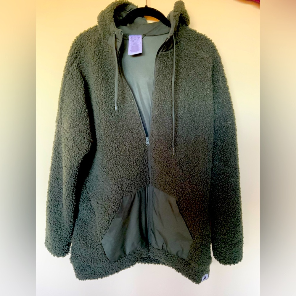ADIDAS Olive Green Brilliant Basics Fleece Sherpa Full-Zip Hoodie Jacket Size L